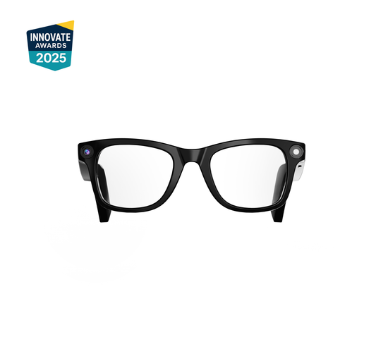 Aventa G100 Smart Glasses with AI Vision and ChatGPT, 1080p hands-free video recording, lightweight 42g frame, all-day battery, instant Wi-Fi sharing, IPX4 waterproof design, and open-ear audio – shown with front-facing camera and minimalist black frame. Ai camera glasses best