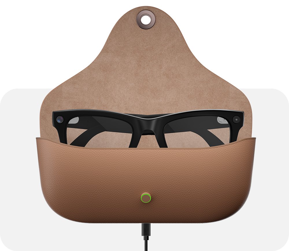 Aventa G100 inside the open leather charging case